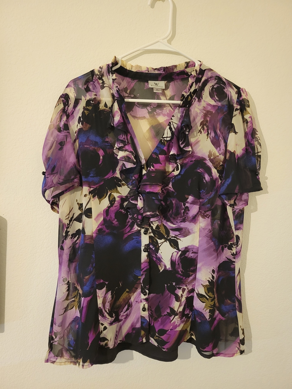 Worthington Purple Floral Ruffle V-Neck Blouse